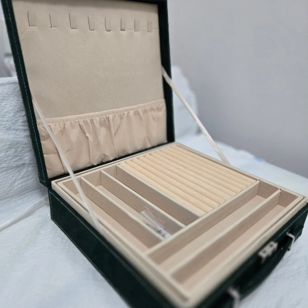 Forest Green Faux Suede Jewelry Box 2-Tier Locking Organizer Case with Handle